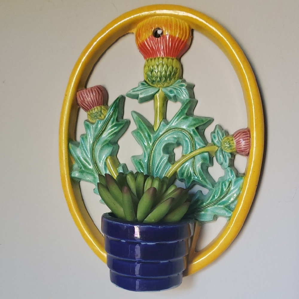 Vintage Yellow & Green Floral Wall Plaque with Blue Pot